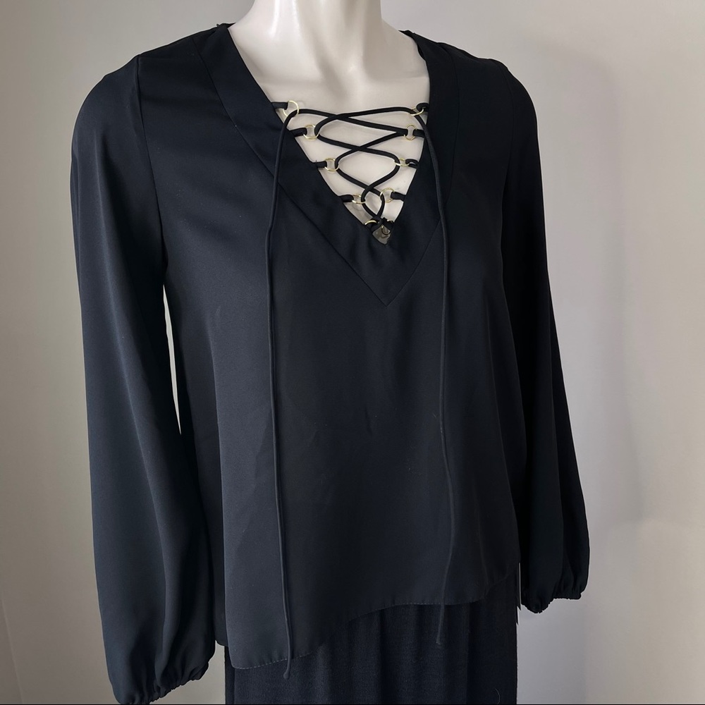 ESSENTIAL blouse ATMOSPHERE top solid black TIE UP FRONT 2  dressy top - Picture 11 of 11